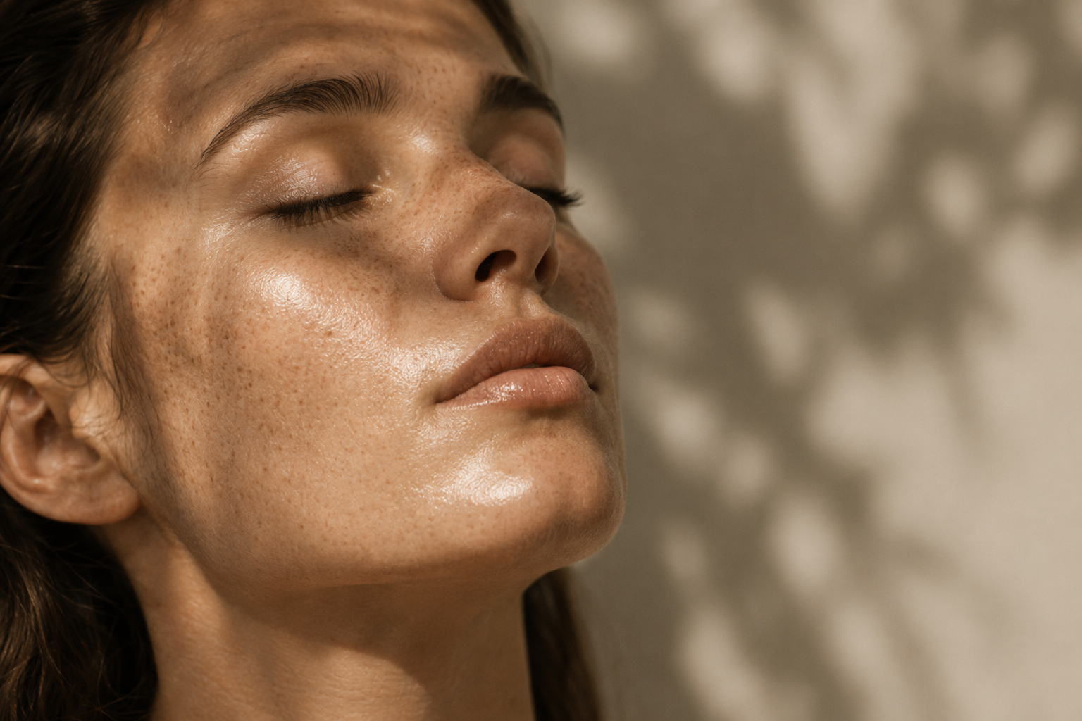 Retrato de una mujer con la piel iluminada y sombras de hojas